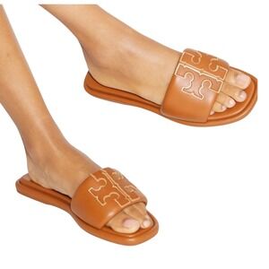 Tory‎ Burch Double T Sport Slide Sandal 10.5 Bourbon Brown Slip On Shoe